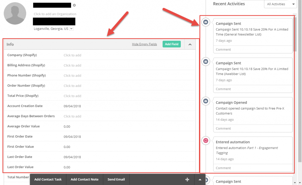 Klaviyo vs Activecampaign contact profile.