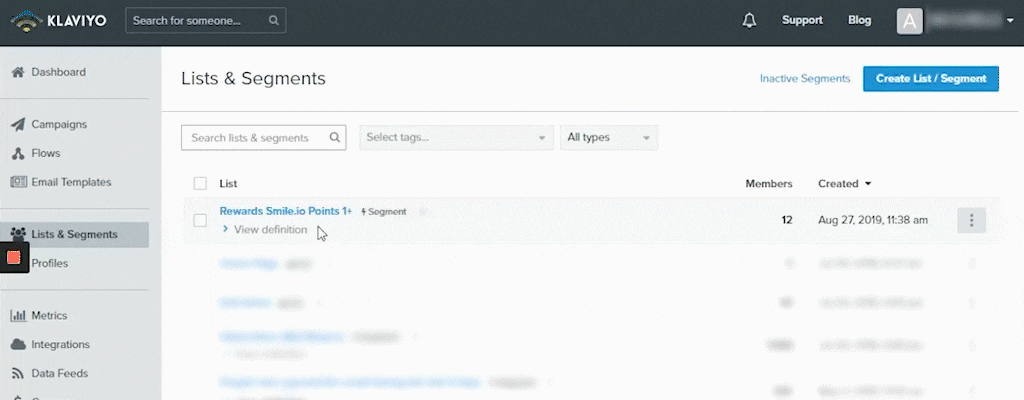 lists & segments - smile io integration with klaviyo