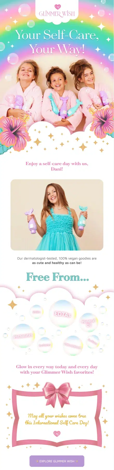 Glimmer Wish email design for Self Care Day by Flowium.