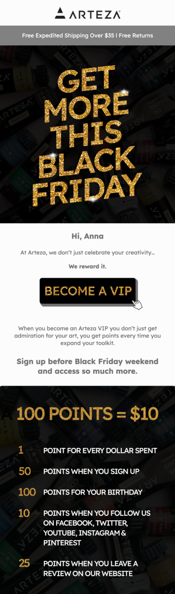 Black Friday email design from Arteza by Flowium.