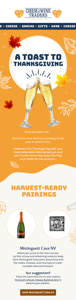 Drinks Giving/Thanksgiving day email design from Cheese & Wine Traders by Flowium.