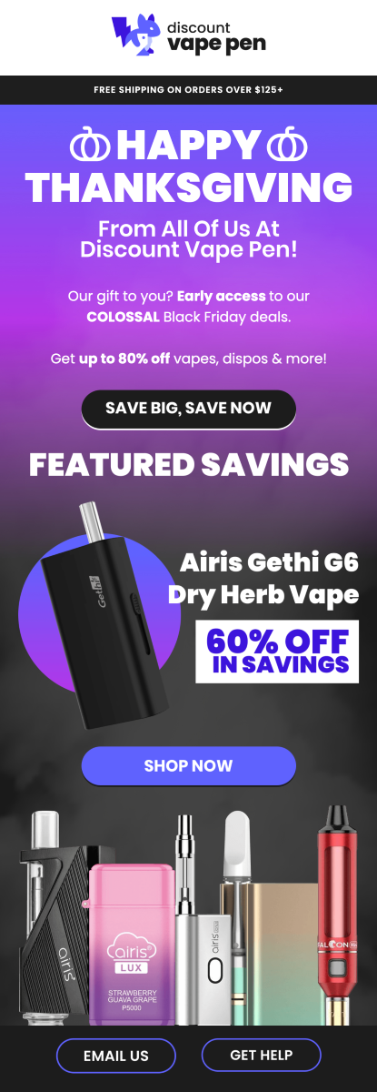 Thanksgiving email design from Discount Vape Pen by Flowium.