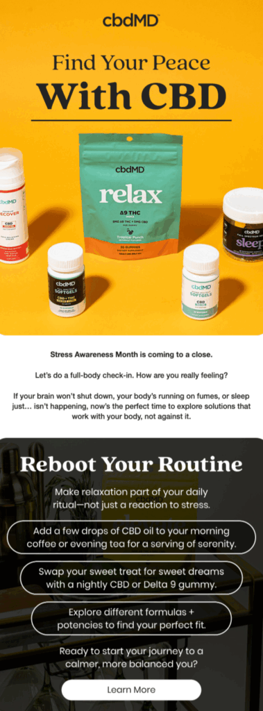 Stress Awareness email design from cbdMD by Flowium.