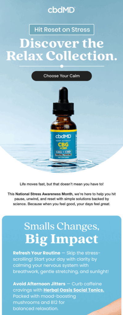 Stress Awareness email design with relax collecton from cbdMD by Flowium.