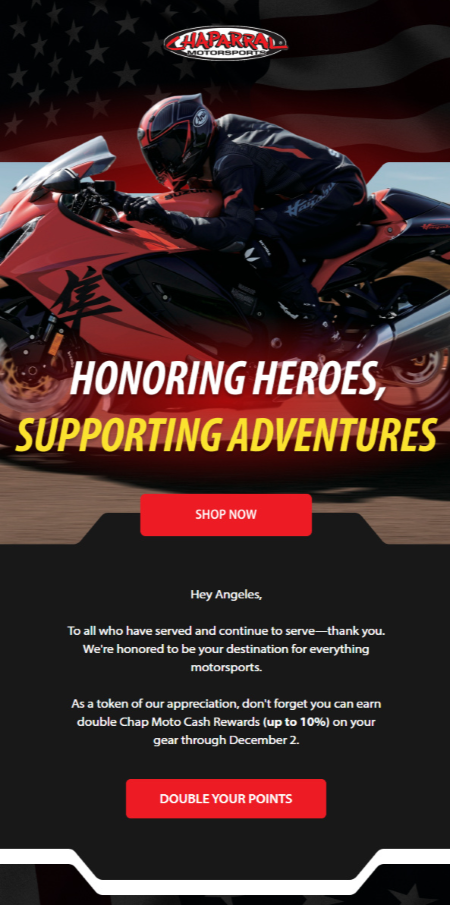 Veterans day email design from Chaparral Motosport by Flowium.