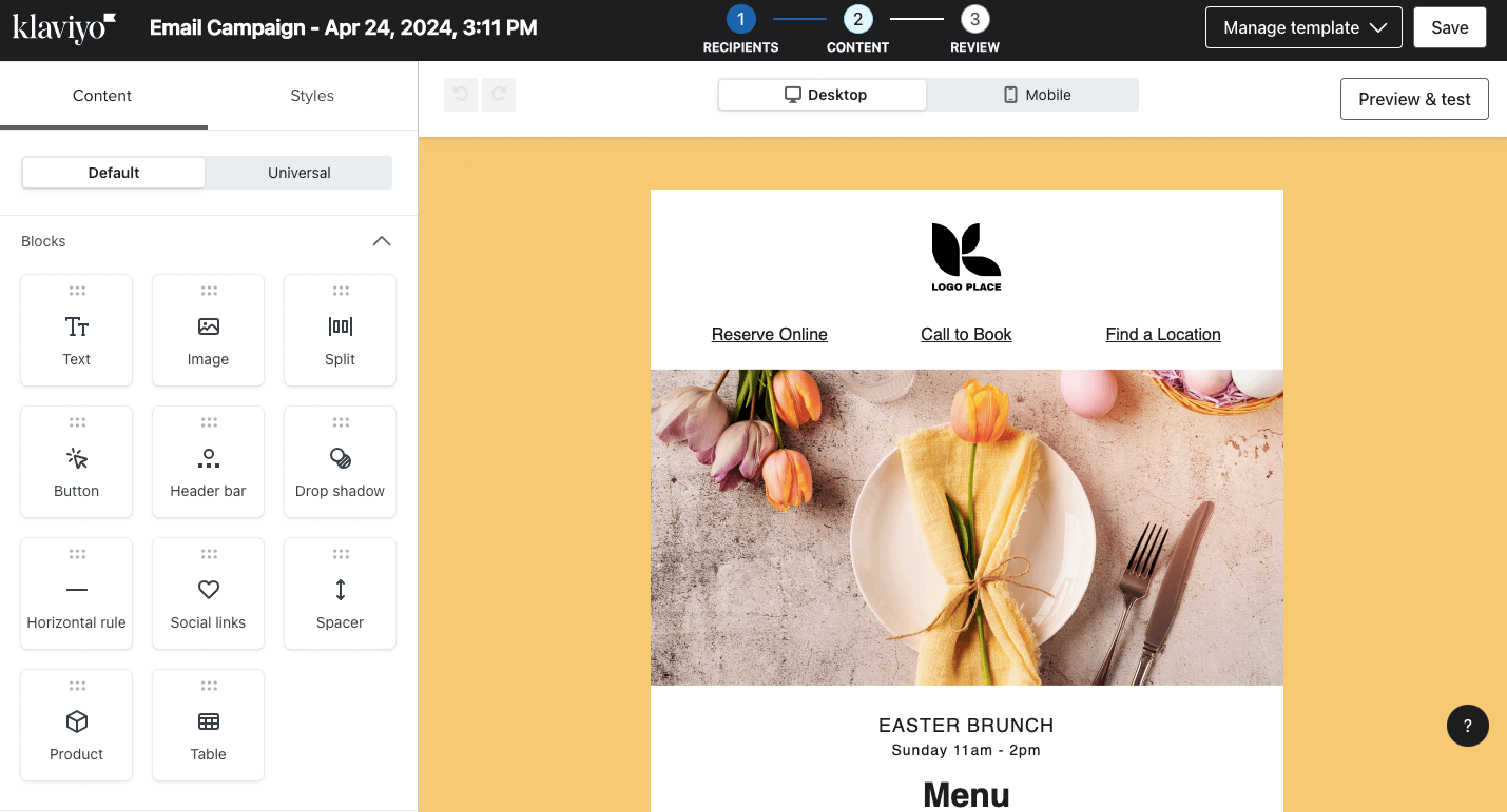 Klaviyo editor overview.