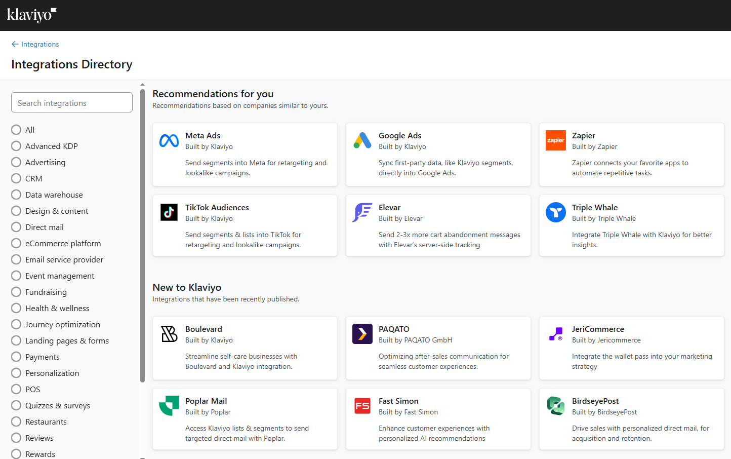 Klaviyo Integrations overview.