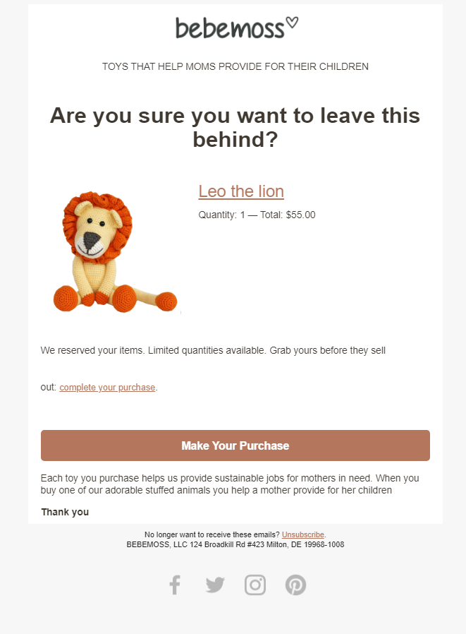 A cute abandoned cart email example