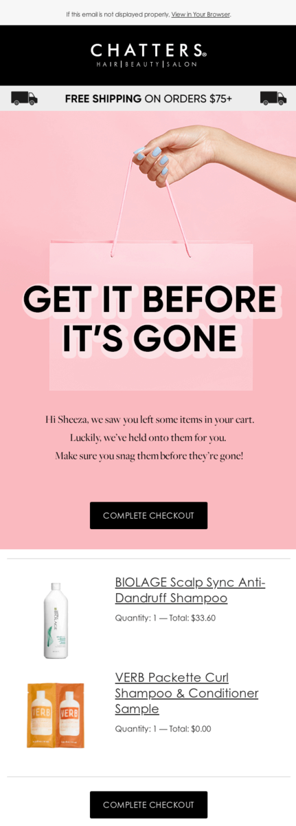 Email design from Chatters Salons.