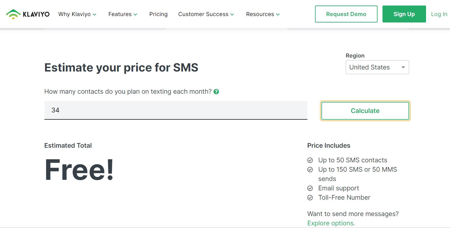 Klaviyo SMS pricing calculator screenshot