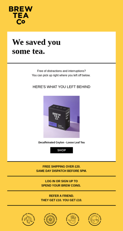 Email design from Brew Tea Co with subject line: Your tea is right where you left it.