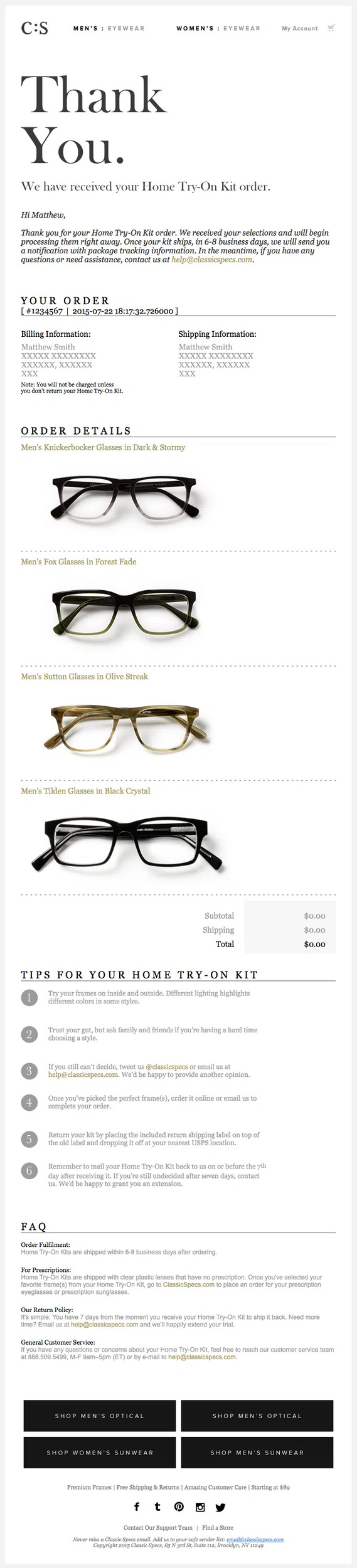 A thank you email example for ecommerce.