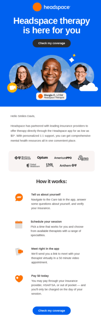 "Headspace therapy is here for you" email design.