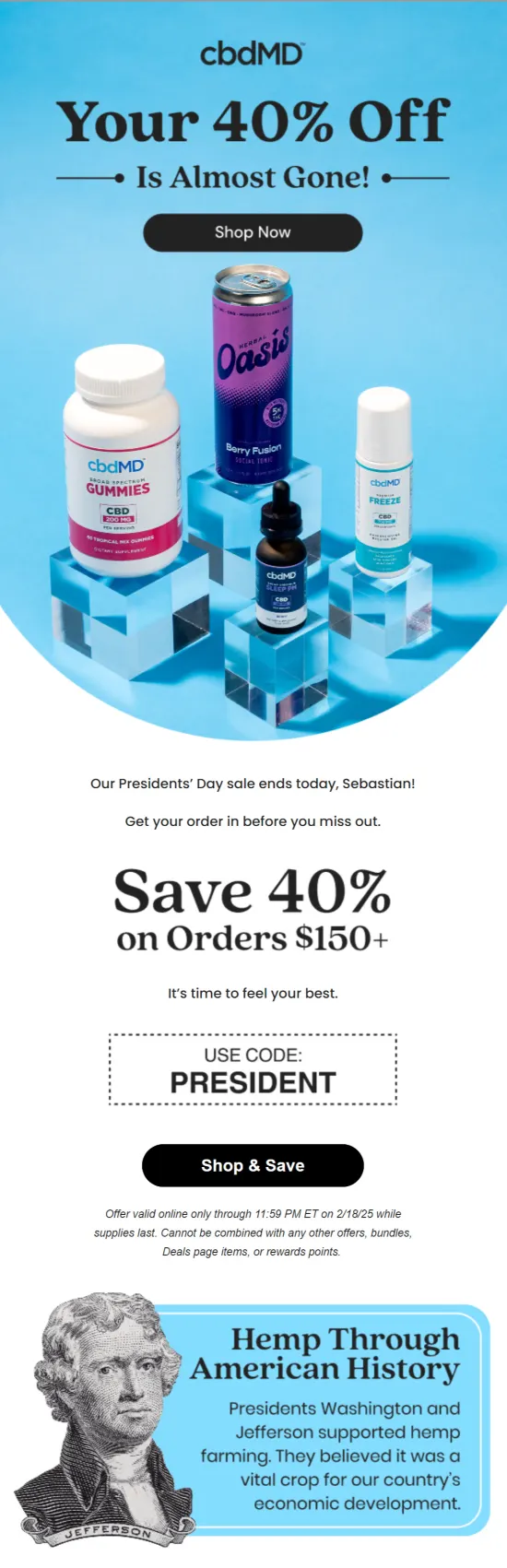 cbdMD President's Day email design by Flowium.