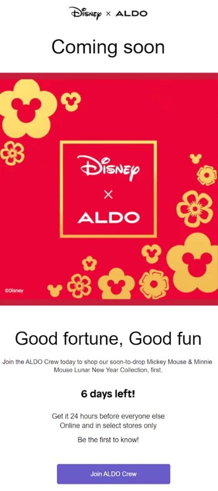 Colab Product Launch Email with Disney x ALDO.