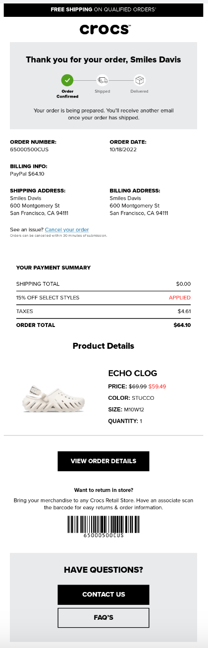 Order confirmation transactional email