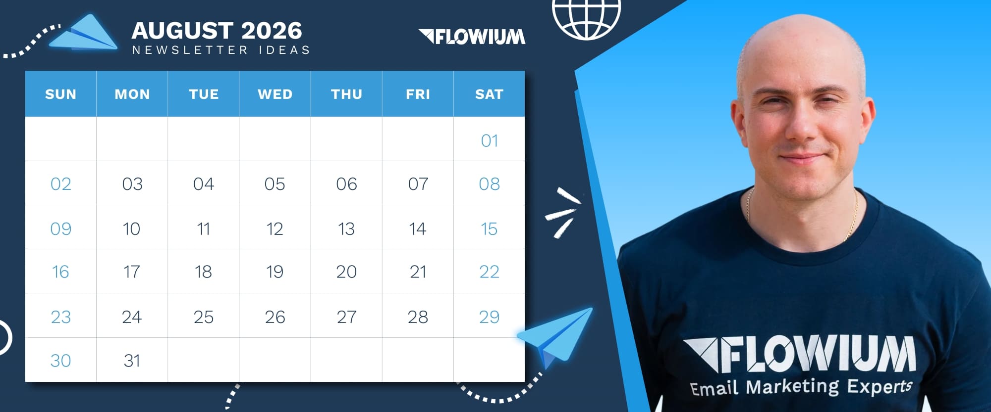August Newsletter Calendar on the blue backgroung with Flowium Team Member Featured