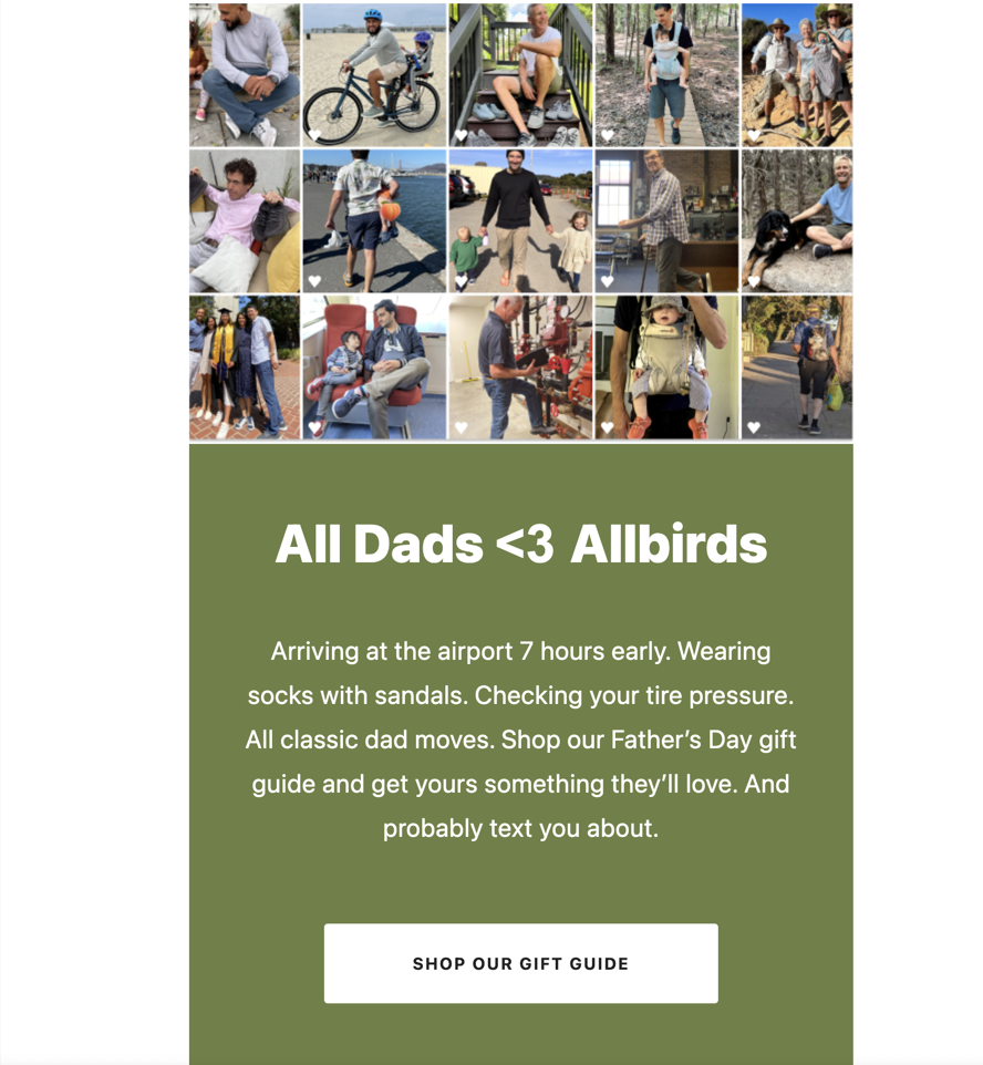 Allbirds fathers day email with gift guide message