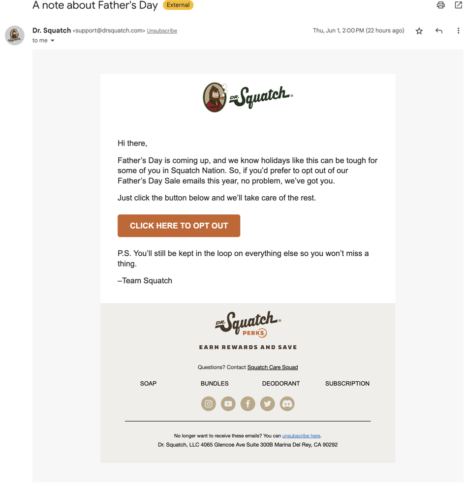 Dr.squatch fathers day email with opt-out message. 