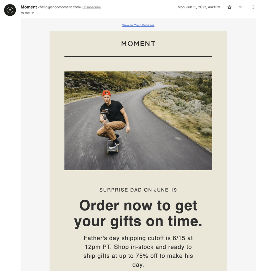 moment fathers day email with last  day to buy to get on time before fathers day