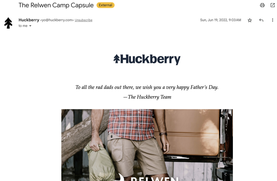 Huckberry fathers day email with opt-out message. 