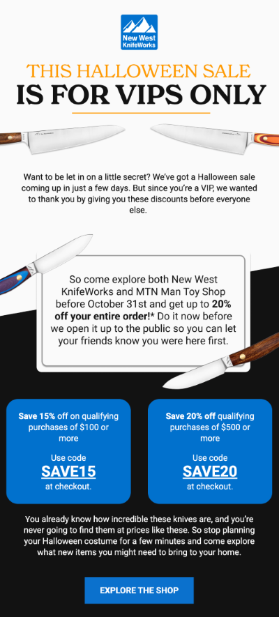 New West Knife Works email for Halloween campaign by Flowium.