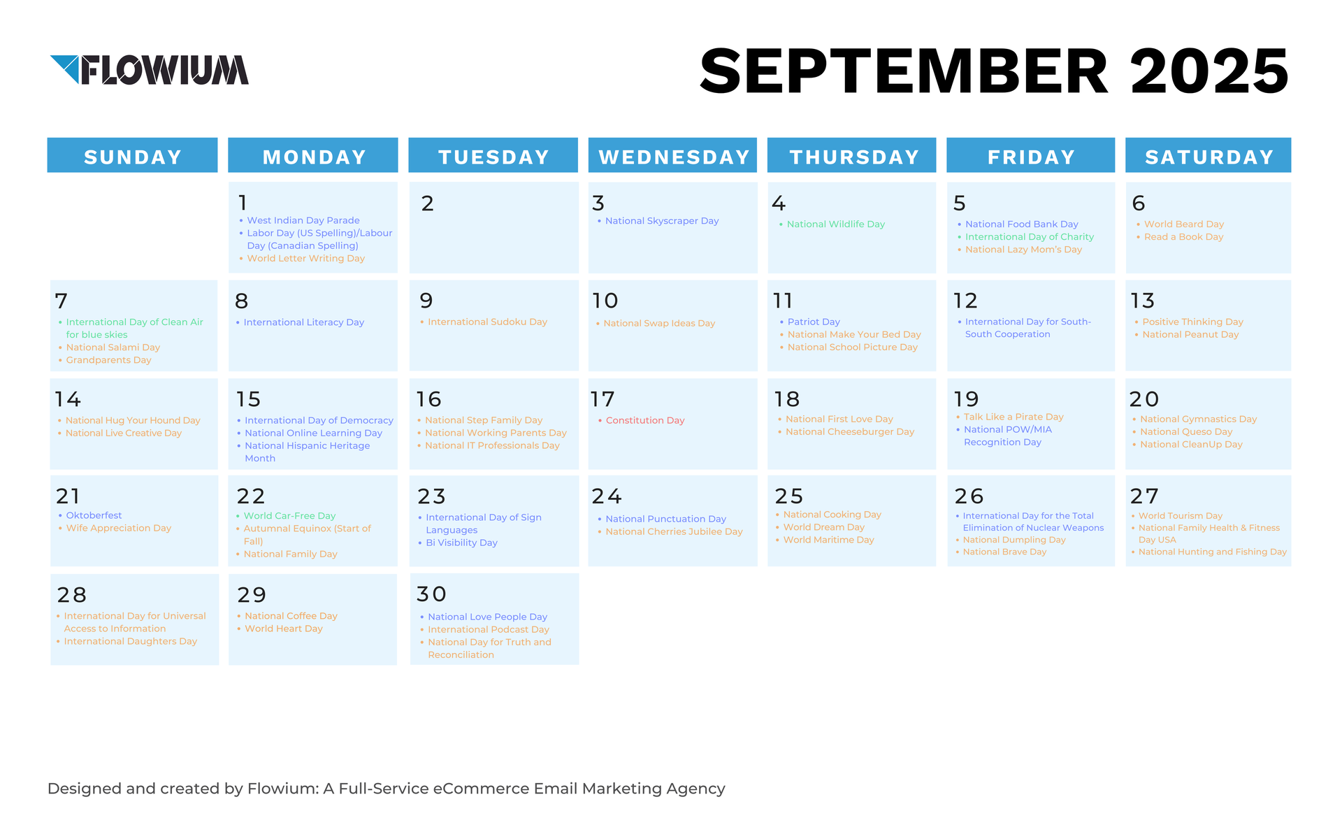 September 2025 calendar by Flowium.
