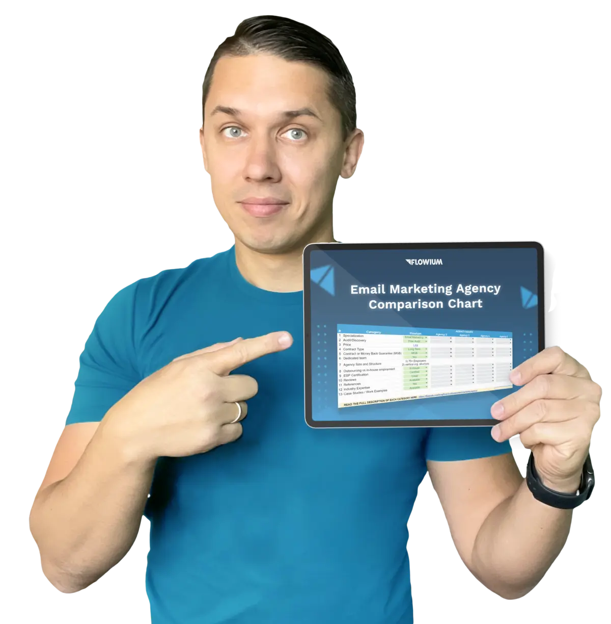 Andriy holding a tablet displaying email marketing agency comparsion chart.
