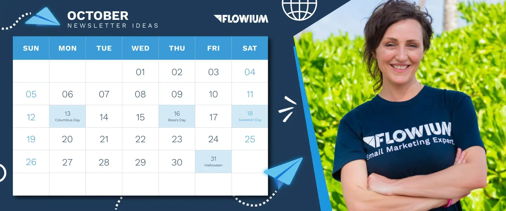 October newsletter ideas calendar with Flowium team member photo.