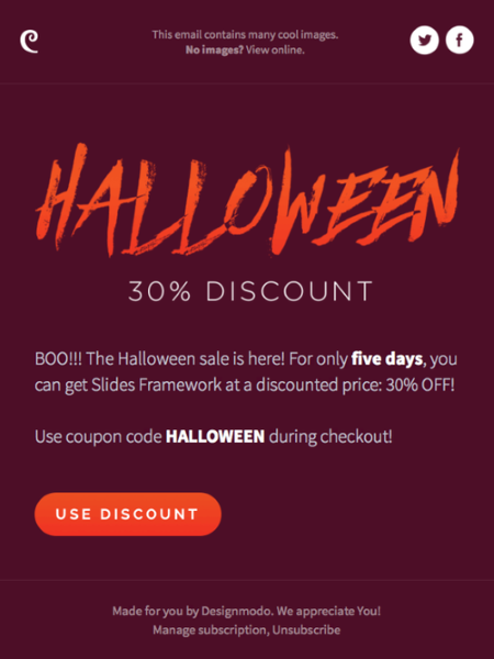 Halloween email example with discount.