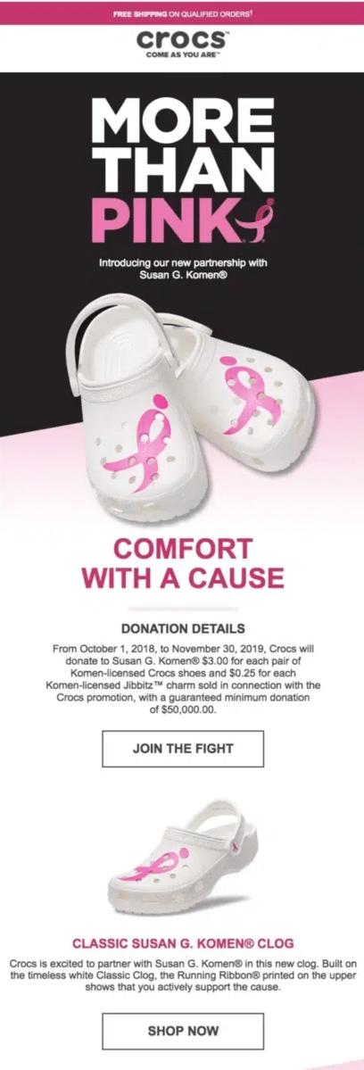 Breast cancer awareness month email by Crocs.