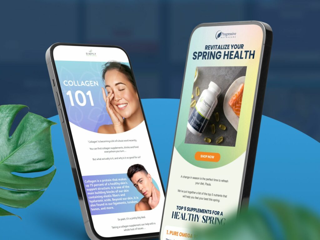 Two mobiles show health & wellness email designs.