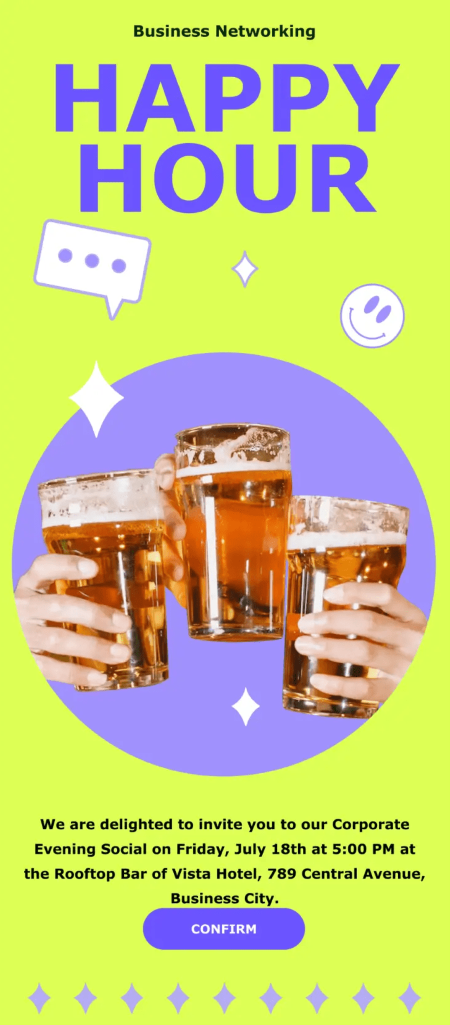 A vibrant happy hour flyer template featuring colorful graphics and enticing drink specials to attract clients.