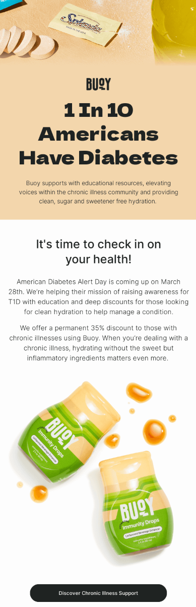 A page featuring a honey bottle alongside a sign reading "1 in 10 Americans have diabetes" highlighting health awareness.