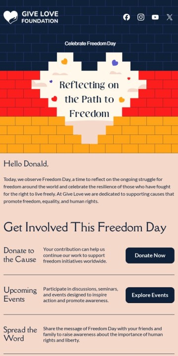 Freedom Day email featuring vibrant graphics and information about the event's significance and activities.