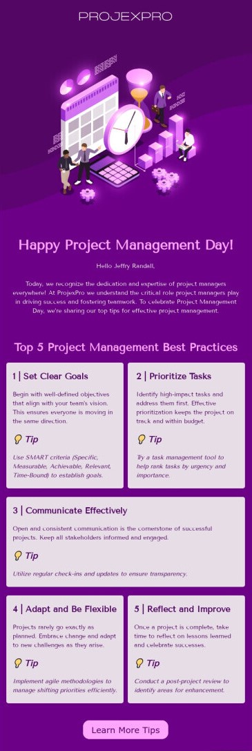 A festive newsletter dedicated to Project Management Day, highlighting colorful elements and providing an email contact feature.