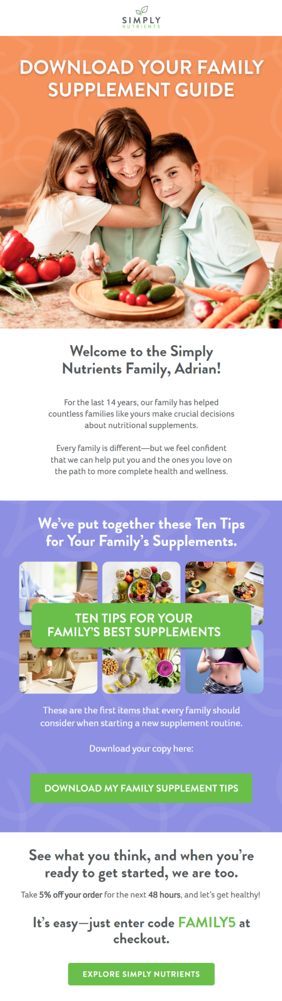 Simply Nutrients email design for case study.