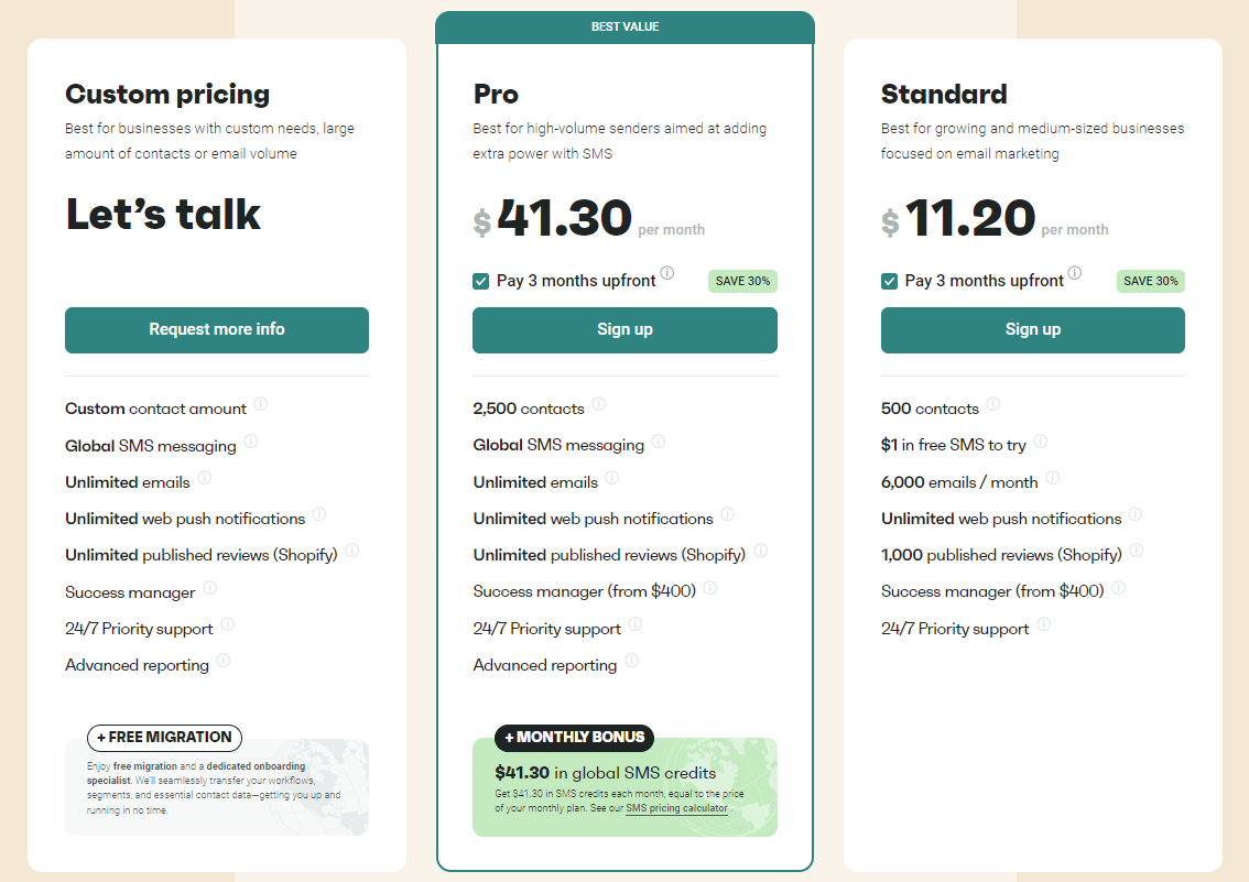Pricing page for Omnisend, showcasing various subscription plans and features for users to choose from.