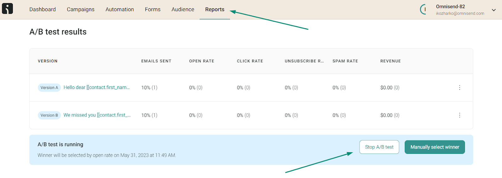 A/B Testing settings page in Omnisend, illustrating a streamlined layout for website management and optimization tools.
