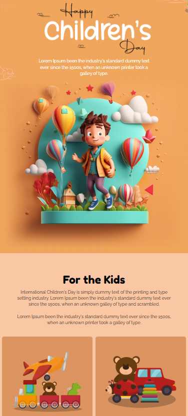 A vibrant children's day email design featuring playful colors, fun graphics, and engaging layout for young audiences.