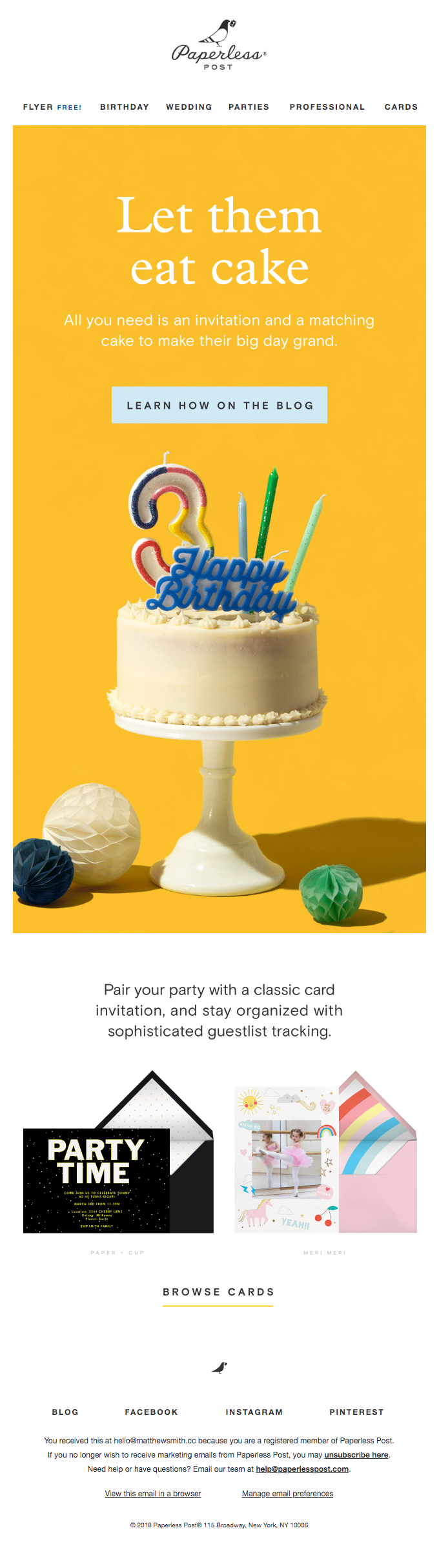 A vibrant email design showcasing a birthday party store, featuring a delightful chocolate cake for celebration.