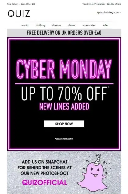 Cyber Monday sale banner featuring up to 70% off with new items added, promoting exciting shopping opportunities.
