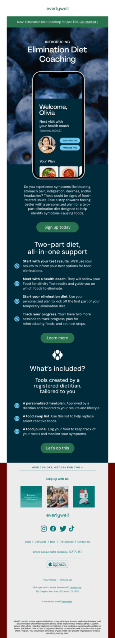 Email design from the white chocolate website, featuring diet resolutions and healthy dessert options.
