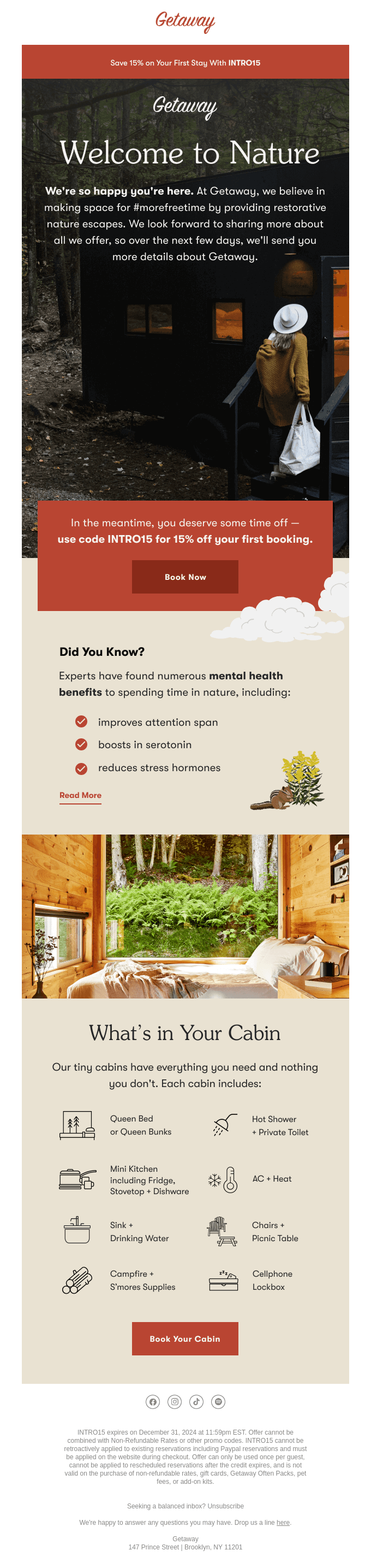 Email design showcasing a serene nature cabin, inviting users to escape into tranquility and natural beauty.