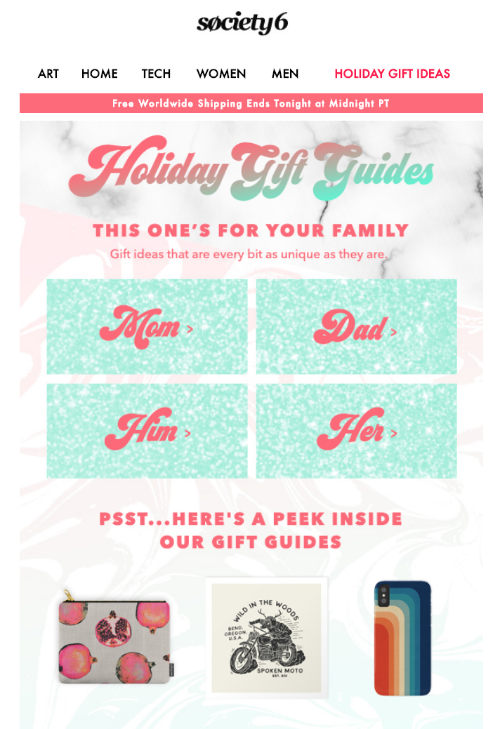 Email gift guide featuring unique holiday gift ideas from Society6, showcasing a variety of creative products.