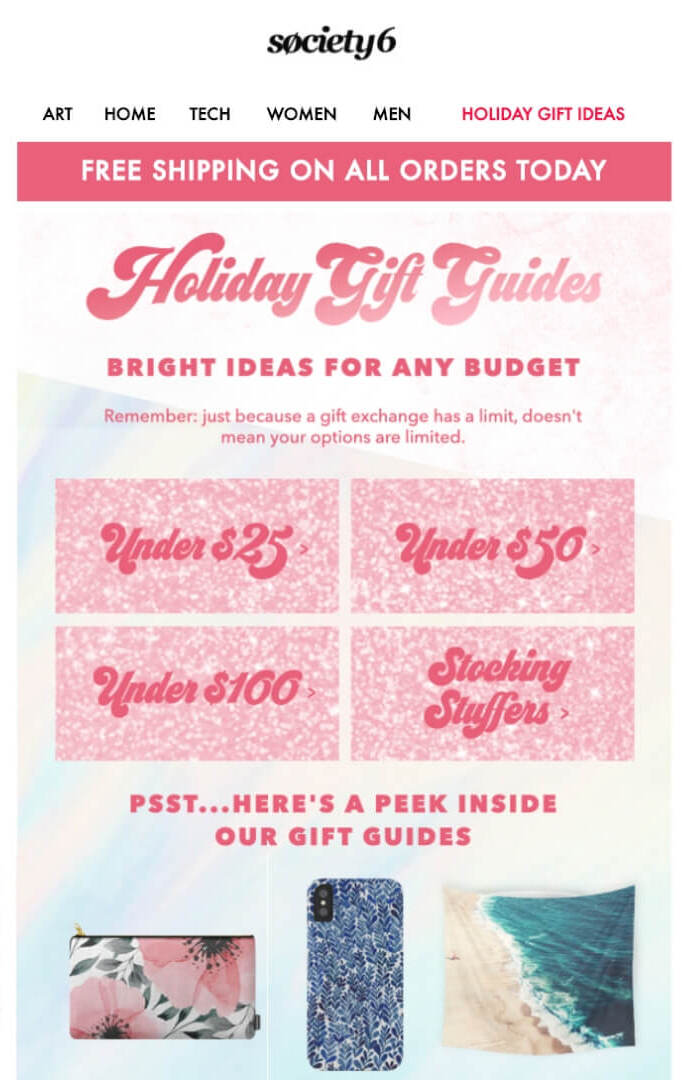 An email gift guide featuring the secrets to selecting the perfect holiday presents from Society Six.