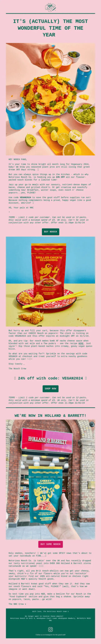 A vibrant pink and green page showcasing various plant-based foods, celebrating Veganuary with colorful culinary options.