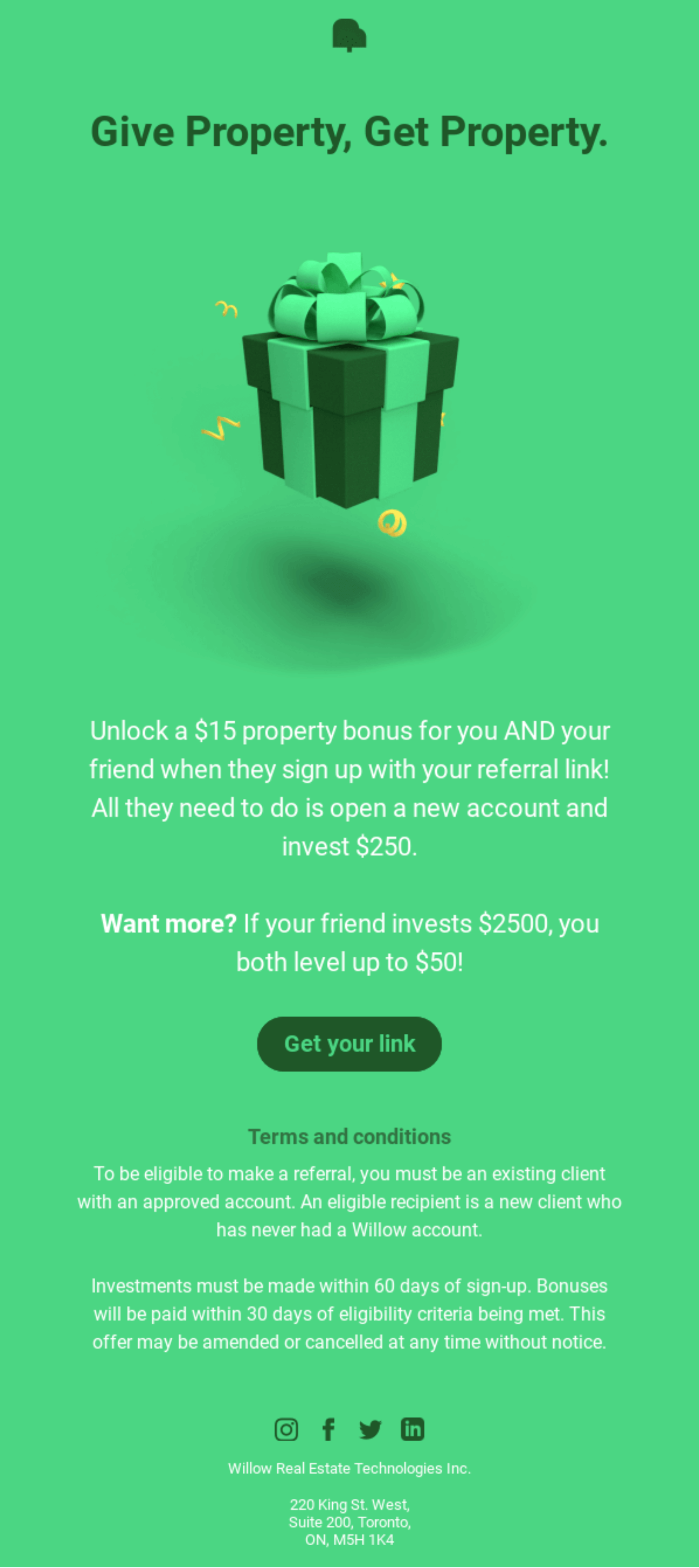 A green-themed email template designed for real estate communications, featuring a modern layout and professional aesthetics.