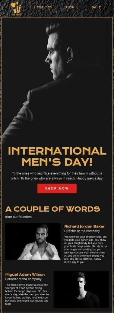 Landing page design for International Men's Day featuring diverse male figures and empowering messages.