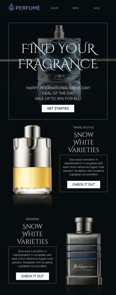Elegant perfume email design featuring a sophisticated layout, perfect for celebrating Men's Day with stylish fragrances.